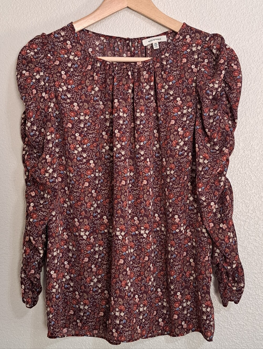 Max Studio Floral Ruched 3/4 Sleeve Puff Shoulder‎ Blouse XS